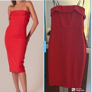 Premier Amour Cherry Red Strapless Slit Midi Bodycon Formal Dress size 8